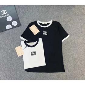 MIUMIU 2025 estate nuovo collo rotondo contrasto colore lettera stampa sciolto manica corta t-shirt-  