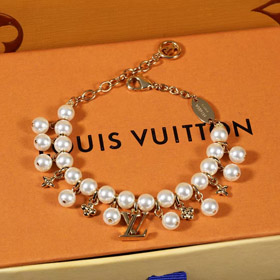 Louis Vuitton LV oro metallo fine catena perla lettera fiore pendente braccialetto-3655  