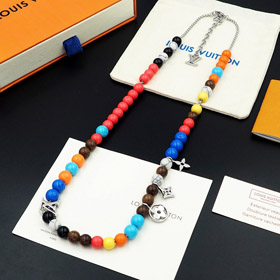 Louis Vuitton LV regolabile cavo abbellito in legno iscrizione metallo perline collana-3950  